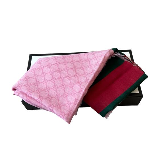 NWT GUCCI PINK WOOL GG SCARF WITH GREEN & RED WEB 55in x 55in IN BOX - Picture 6 of 16